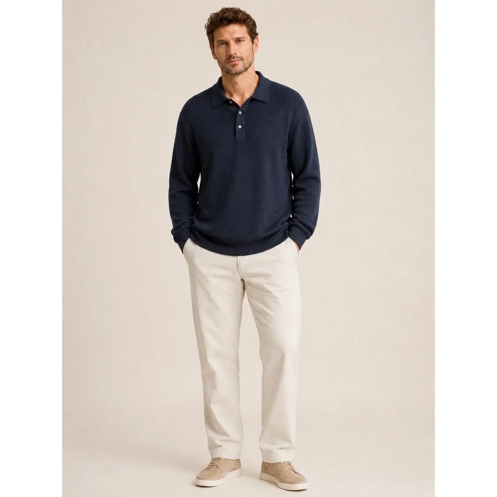 Banana Republic Mens Merino Wool Waffle Knit Sweater Polo XL Navy Blue Office